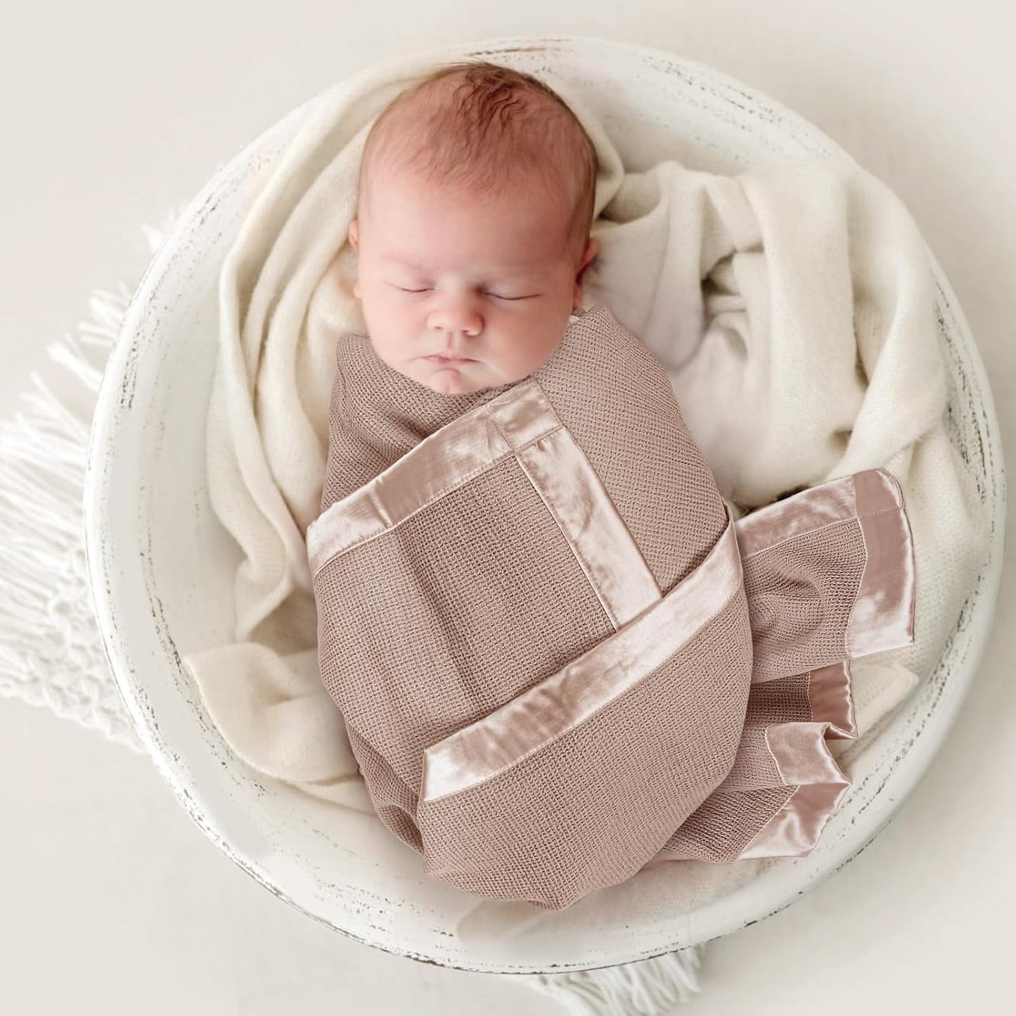 lulumoon Swaddle Baby Blanket: Waffle Blanket with Satin Trim - Breathable Toddler Blankets Perfect for Nursing Cover and Playtime - Cotton Crib Quilt for Daytime Naps 40"x36"(Dusty Rose)