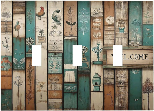 Decorative Switch Plates Vintage Wood Brown Turquoise Splicing 3 Gang Wall Plate Triple Toggle Light Switch Cover Faceplate Electrical Wall Panels For Farmhouse Cabin Decor