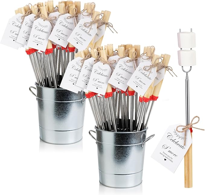 48 Sets S'mores Party Favor Includes Smores Sticks for Fire Pit Celebrate Smore Birthday Party Favors Tags with String Extendable Marshmellow Sticks Smores Skewers for Wedding Camping