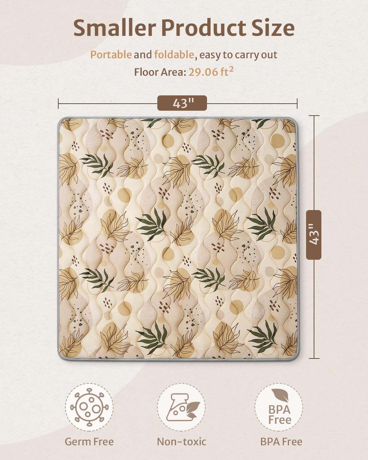 Blissful Diary Portable Baby Play Mats for Floor, Thicken Cushioned Foldable Baby Crawling Mat for Indoor Outdoor, Non-Slip & Washable Kids Playmat for Tummy Time Activity, Earth Tones 43" X 43"