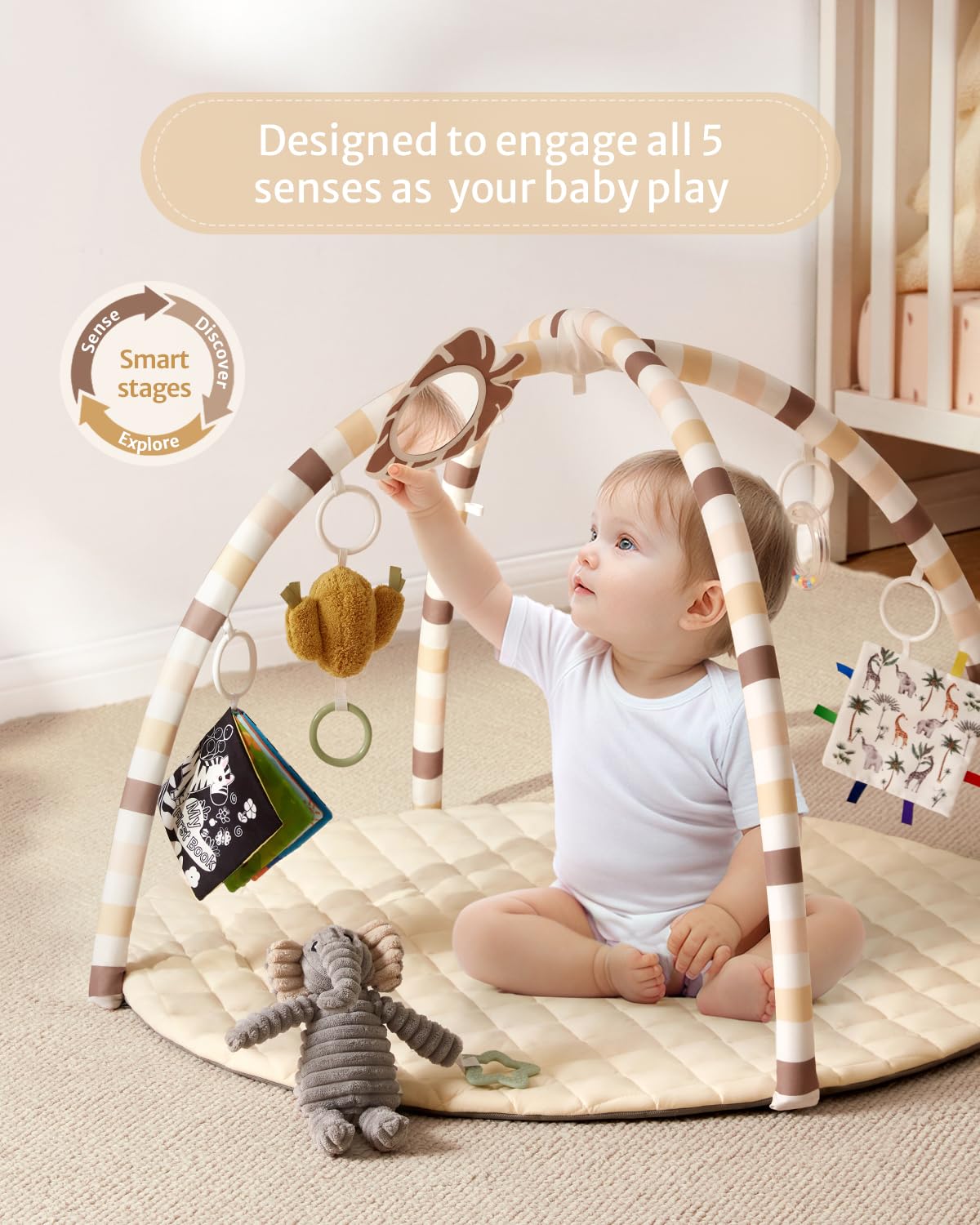 Blissful Diary Baby Play Gym Mat, Tummy Time Activity Mat with 6 Detachable Toys for Stage-Based Sensory & Motor Skill Development, Easy to Install & Clean, Baby Essentials Gift, Sandy Beige