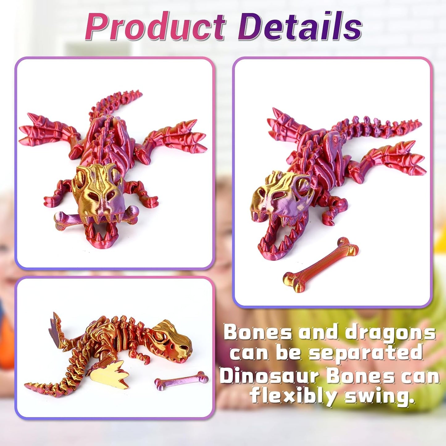 3D Printed Dinosaur Bones Tyrannosaurus Rex Skeleton with Movable Joints, 3D Model Skull T-Rex, Flexible Articulated Dinosaur Fidget Toys Adults for Autism/ADHD