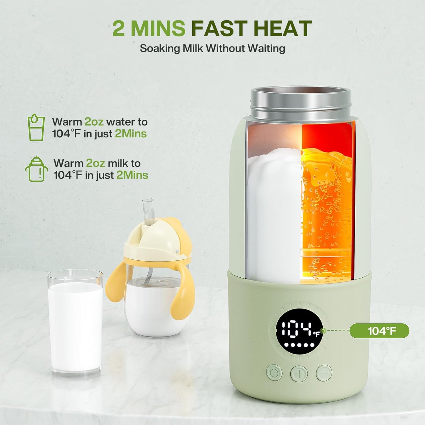 Portable Bottle Warmer for Travel,Formula Container to Go 12.8oz Baby Bottle Warmer with 2-Min Fast Heating,Milk Warmer for Baby Travel Essential with Long Time Keep Warm Function