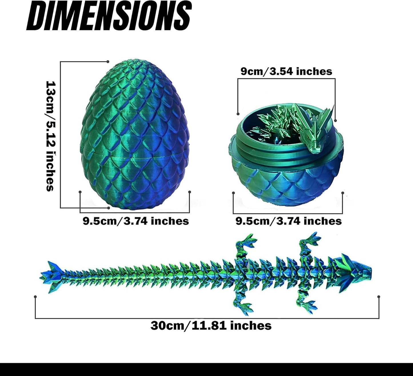 3D Printed Dragon in Egg, Full Articulated Dragon Crystal Dragon with Dragon Egg, Home Office Decor Executive Desk Toys, Adults Fidget Toys for Autism/ADHD, 12 Inches (Laser Green)