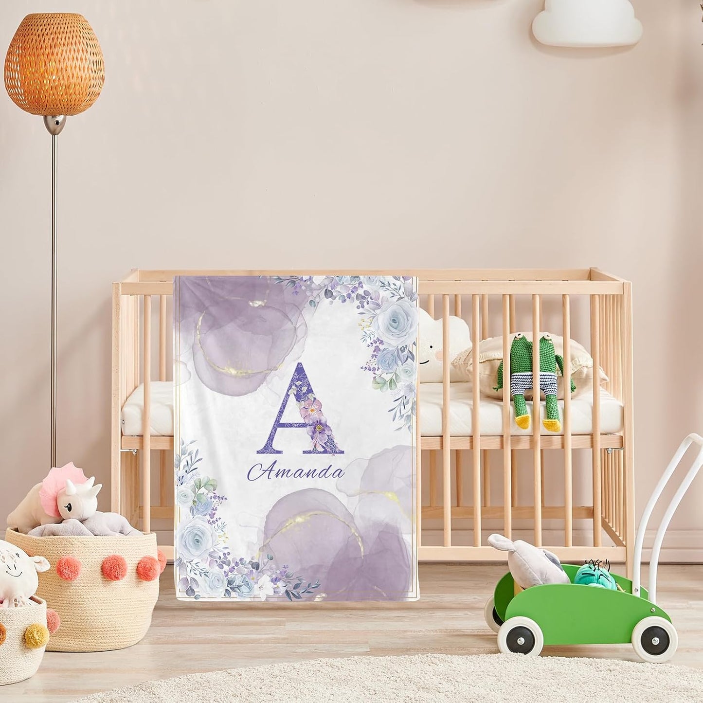 Personalized Baby Blanket with Name, Custom Floral Name Blanket Toddler Girls Soft Flannne Swaddling Blankets Customized Monogram Memorial Gift for Infant Newborn Shower