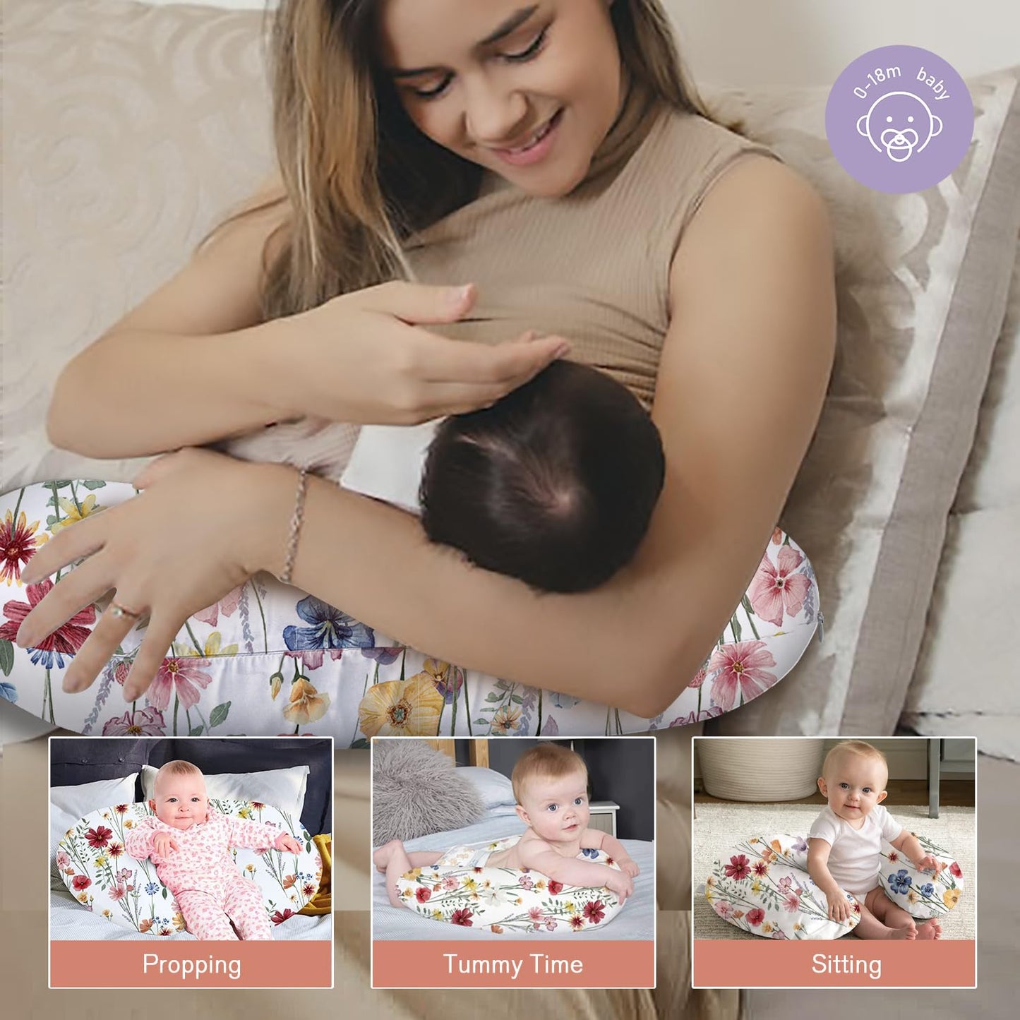 Little Grape Land Nursing Pillow for Infants, Breastfeeding Pillows, Baby Support Pillow for Nursing, Bottle Feeding, Tummy Time with Machine Washable Cover & Breathable Filling (Spring Flower)