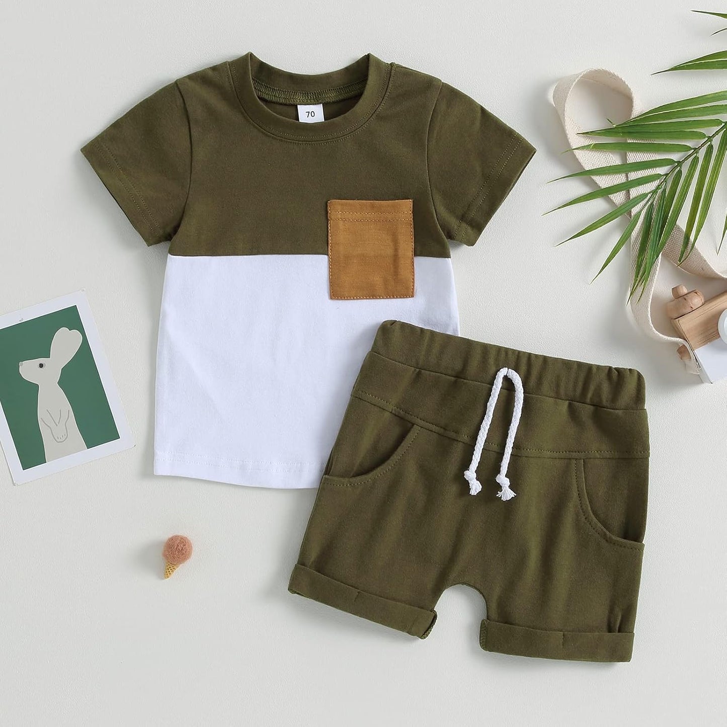 fhutpw Baby Toddler Boy Clothes Summer Outfits 6 12 18 24 Months Patchwork Short Sleeve T Shirt & Shorts Sets with Pockets