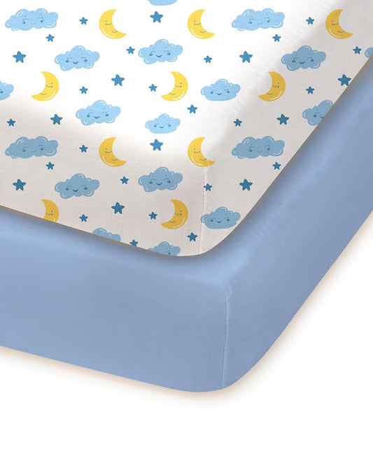 Pack and Play Sheets Fitted, Cloud+Blue Design, Soft and Safe, Hypoallergenic, 2 Pack for Mini Crib and Pack N Play