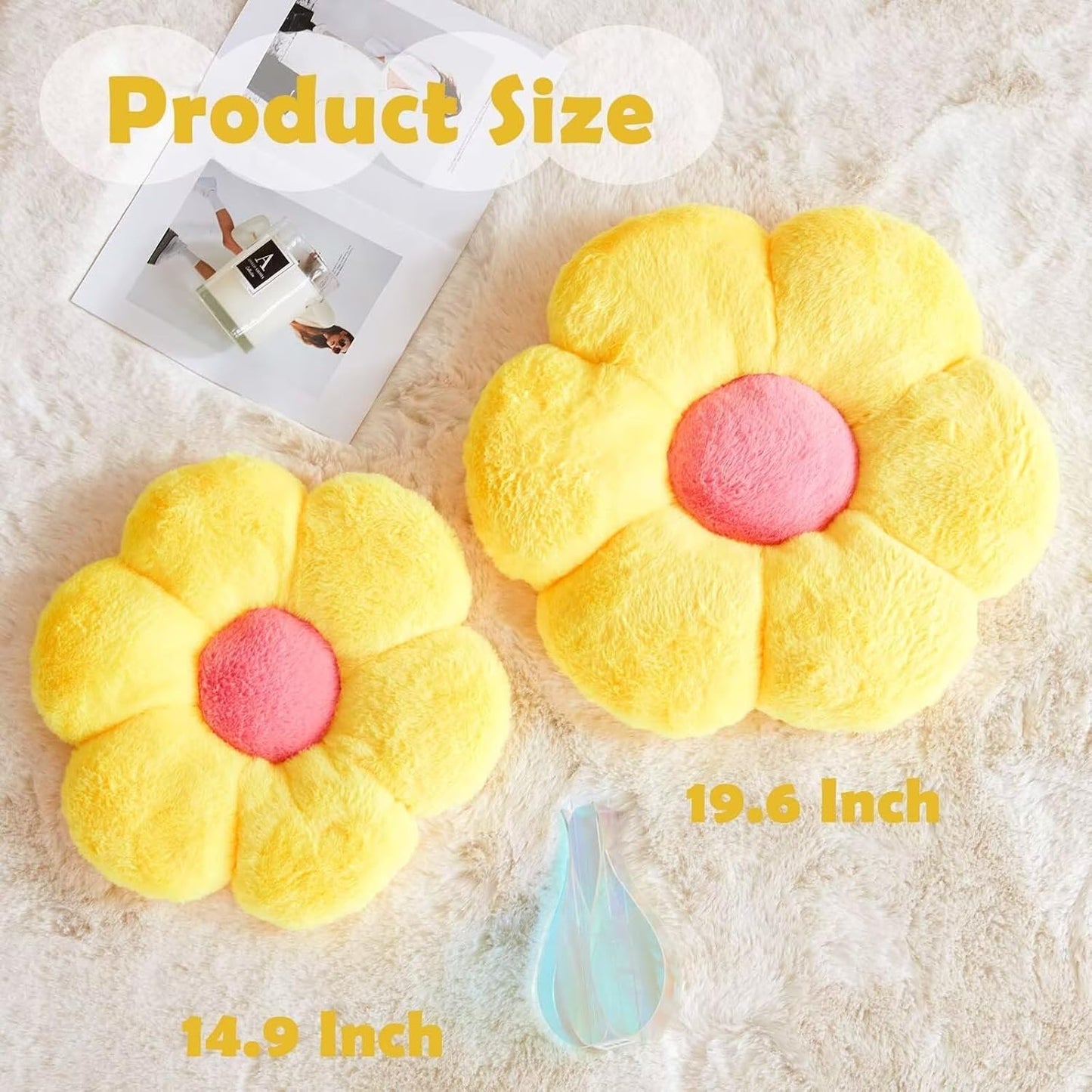 Yellow Flower Plush Throw Pillow, Cute Decorative Flower Shaped with Faux Rabbit Fur, 19.6" Soft Plush Floor Pillow for Bedroom Living Room
