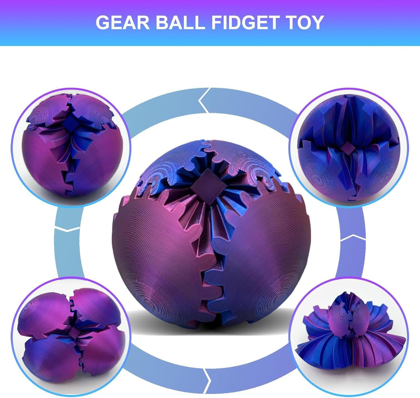 3D Printed Gear Ball Spin Ball Cube Fidget Toy Gear Sphere Gear Ball Fidget Toy Relieving Stress & Anxiety Fidget Ball Desk Toy Stress Ball Gear Toy for Stress (Red-Blue, 10*10cm)