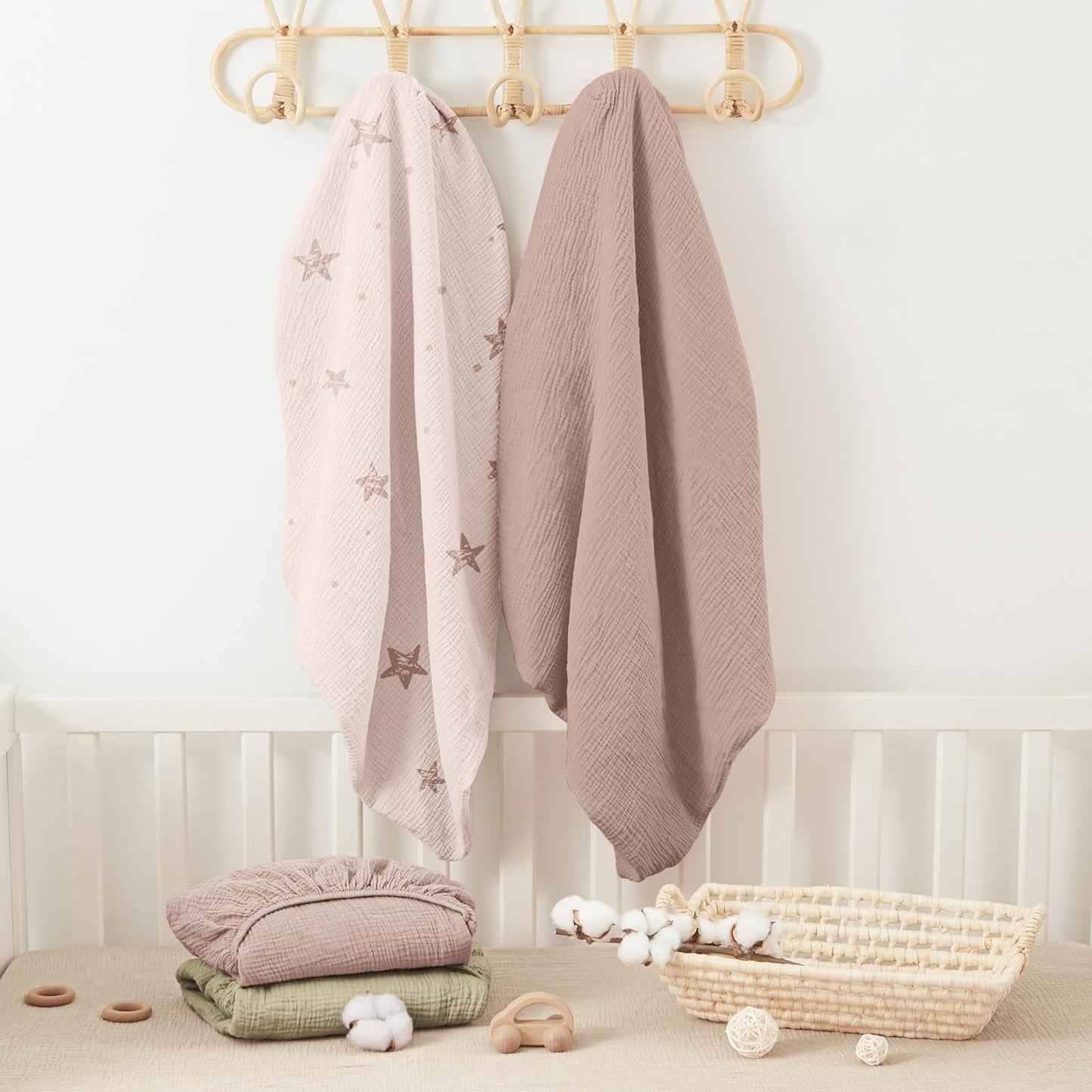 Bearmoss Muslin Mini Crib Sheets for Pack N Play Mattress - 100% Cotton - 38"x24" Soft Breathable Playard Baby Crib Sheets Neutral for Boys Girls - 2 Pack (Pink Star)