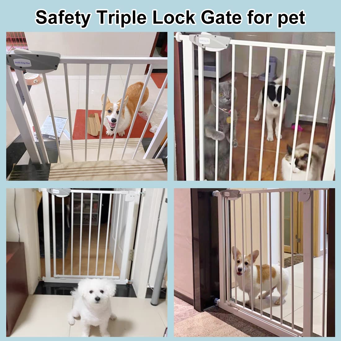 WAOWAO Triple Lock Baby Gate Extra Wide 86.22-90.55" Pressure Mounted Walk Through Swing Auto Close Safety Black Metal Dog Pet Puppy Cat for Stairs,Doorways,Kitchen