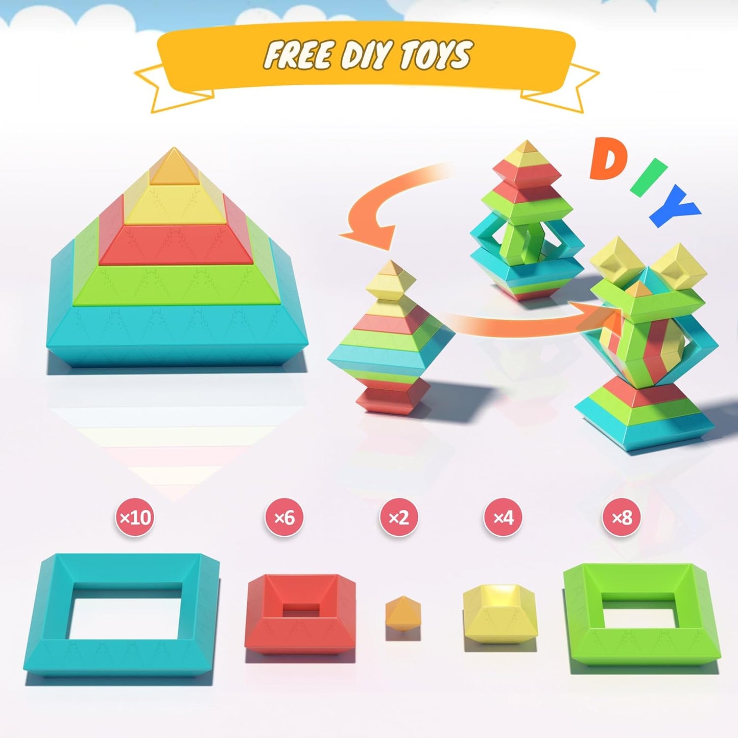 Ggiibro Pyramid Stacking Building Toys,3D Preschool Learning Activities (100Pcs)