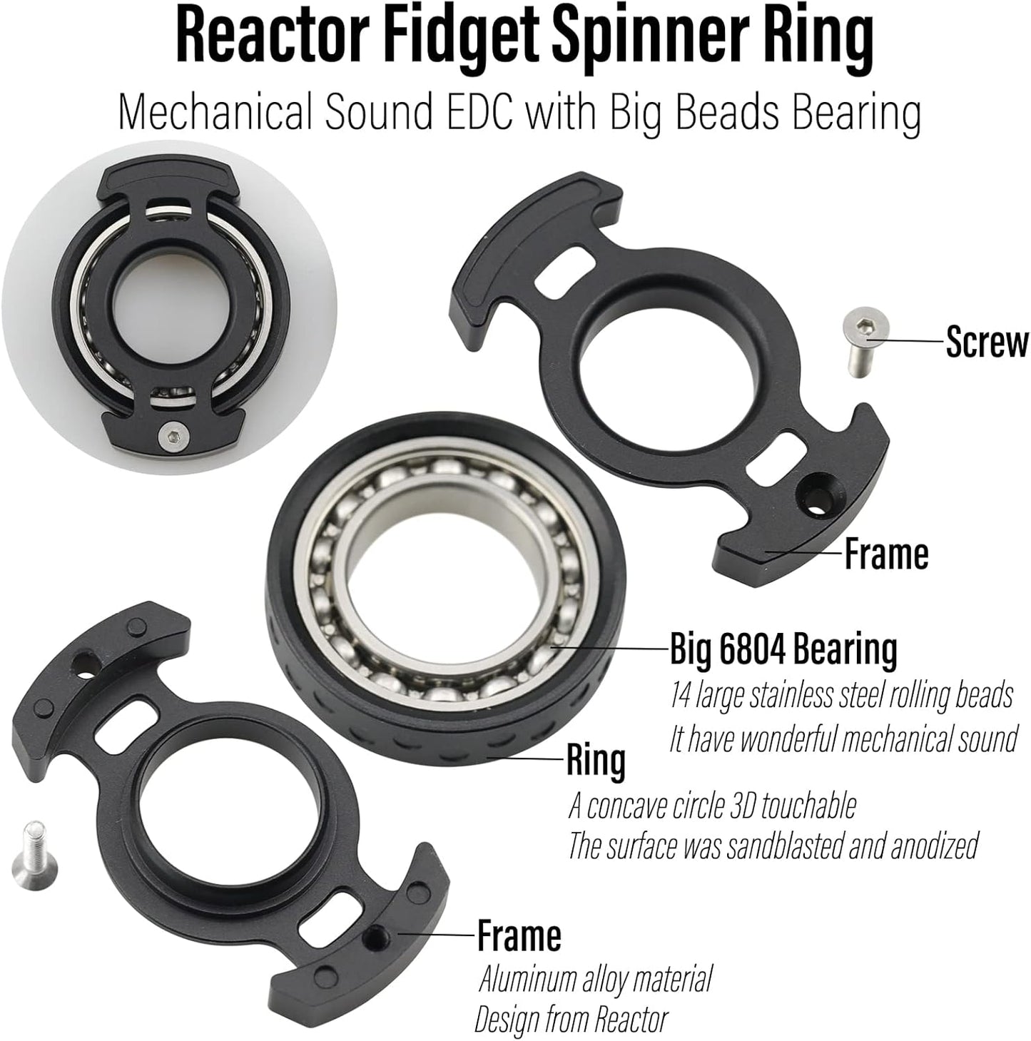 FREELOVE Ring Fidget Spinner for Adults, Men Finger Haptic Roller, Small Metal Clicker Toys, Ball Bearing, Black Fingears Spinning EDC for Anxiety Stress