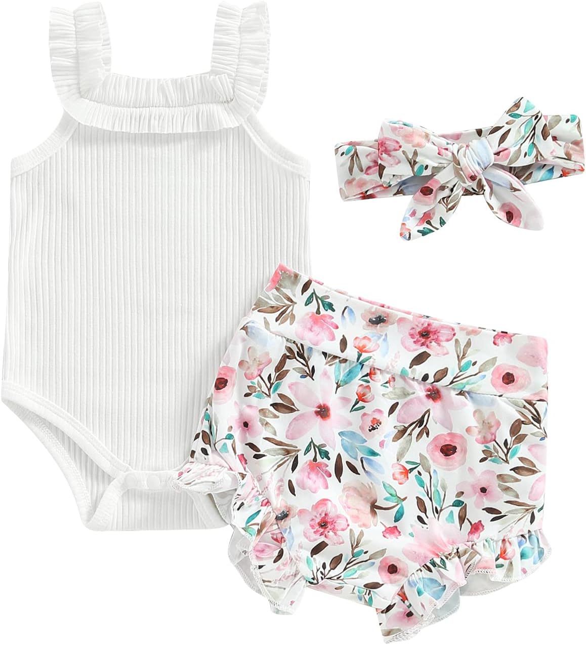 fhutpw Baby Girl Clothes Summer Cute Outfits 3 6 12 18 Months Spaghetti Strap Romper & Floarl Shorts Sets