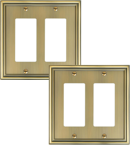 2-Pack Decorative Double Decorator Outlet Cover Plate, Durable Zinc Alloy Antique Brass Wall Plates for Electrical Outlets, Receptacle, GFCI Outlet, Dimmer Switch, 2-Gang, Corrosion Resistant