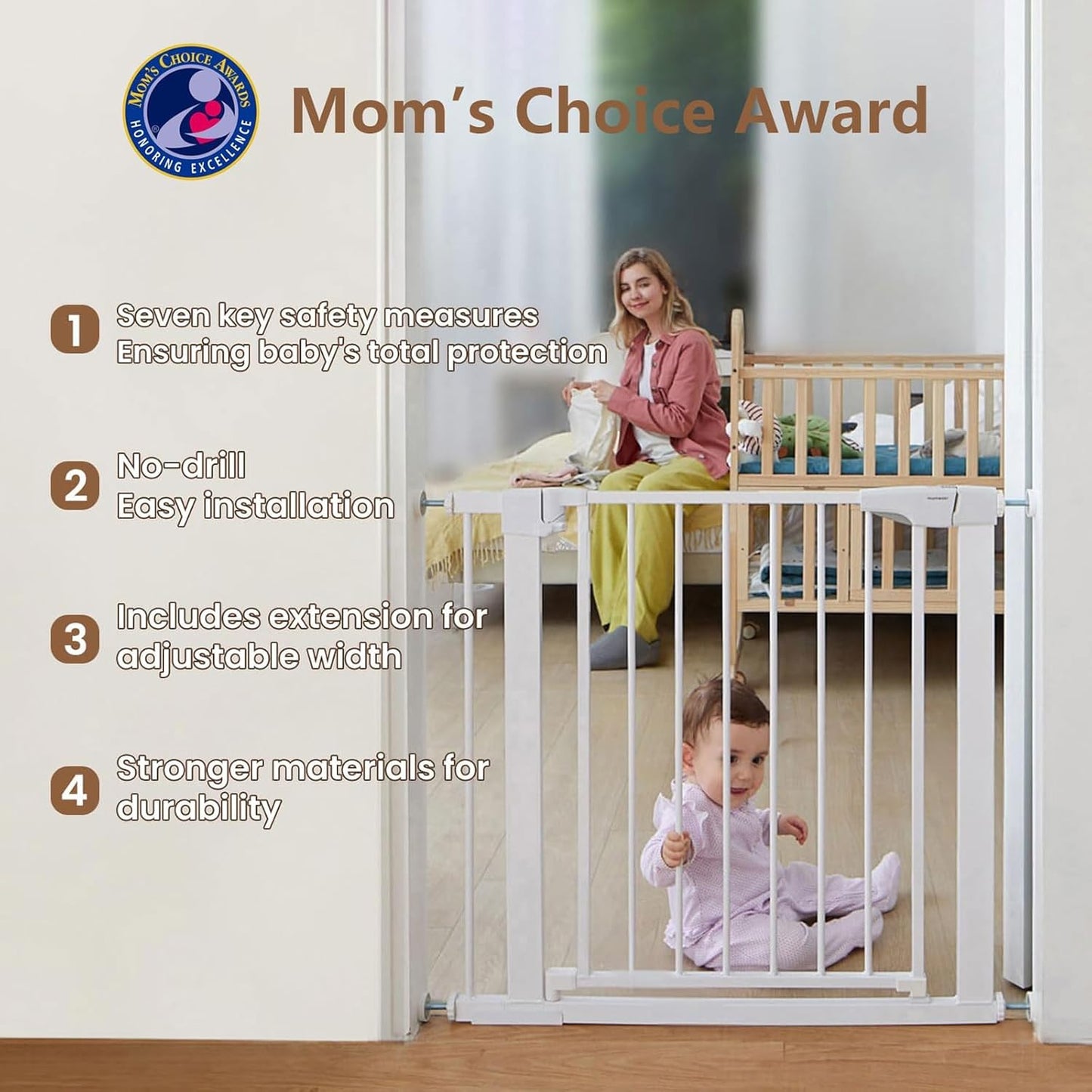 Baby Gate for Stairs - 29.6-46" Auto Close Dog Gate for Doorways, Extra Wide Child Gate Indoor, Walking Through Safety Gate for Kid, Pet Gates No Drilling White, Mom's Choice Awards Winner