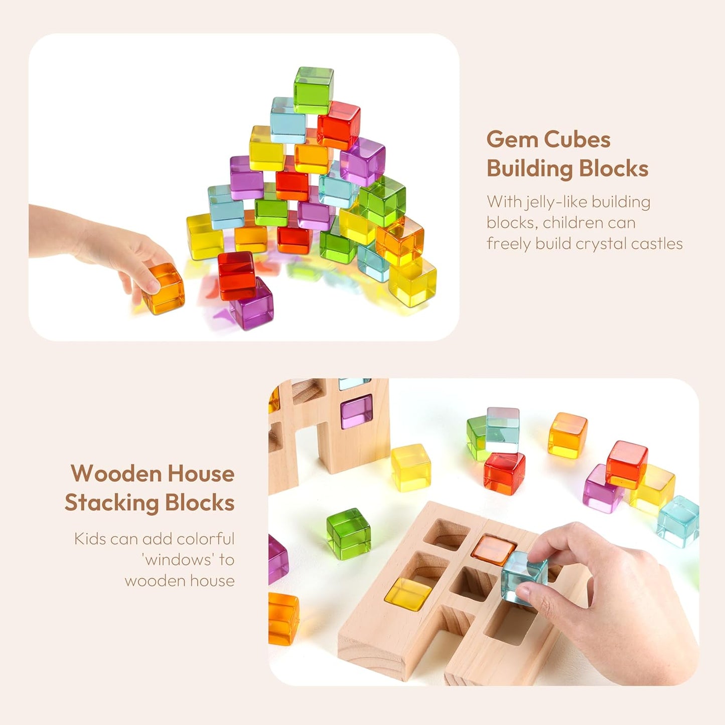 Wooden Building Blocks Set for Kids, 24 PCS Rainbow Gem Cubes Stacking Blocks - 2 Wood House, Montessori Stacking Toy for Toddlers, Educational STEM Learning Toy for Boys Girls 3-6