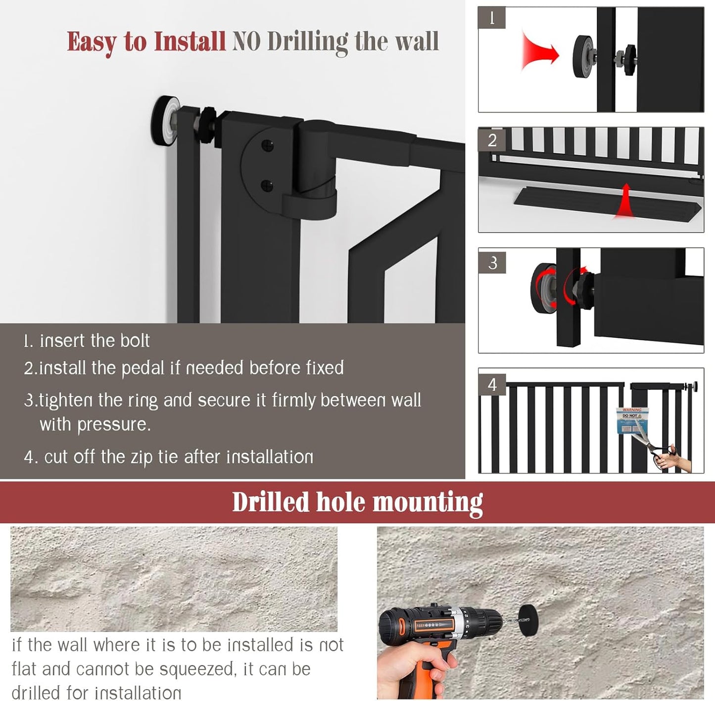 Glaf Extra Tall Pet Gate 63" Pressure Mounted Cat Door Safety Metal Cat Gate Adjustable Width Dog Door Auto-Close Dog Gates for Doorways, Stairs, Kitchen, Hallway (Black, 33.86-37.4")