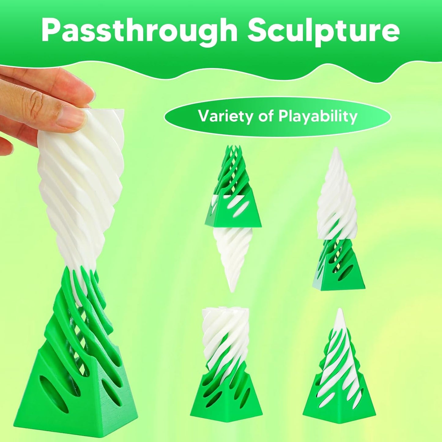 Impossible Pyramid Passthrough Sculpture, 3D Printed Spiral Cone Fidget Toys, Anxiety Relief Pass Through Pyramid Fidget Toy, Stress Relief Desk Toy Adults, Christmas, Birthday Gifts (Green White)