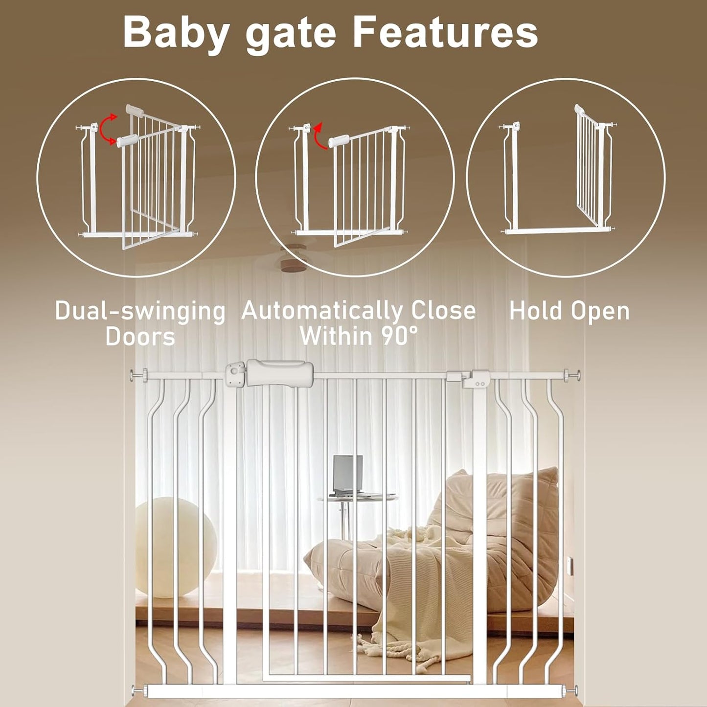 ALLAIBB Extra Wide Baby Gate Pressure Mount with Auto-Close, White Metal Safety Gate for Stairs & Doorways - Child Proof, Pet Barrier for Hallways, Kitchen, Living Room for 66.93-71.65 inch