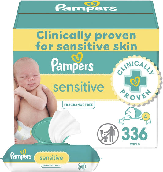 Pampers Baby Wipes, Sensitive, Water Based Wipe, Clinically Proven, Hypoallergenic, and Unscented for Babies, 336 Wipes Total (4 Flip-Top Packs)