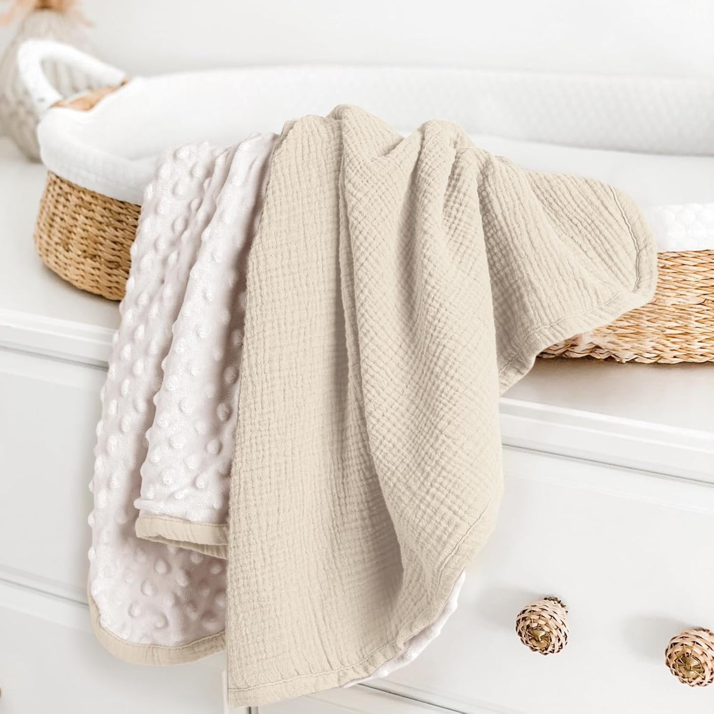 lulumoon Baby Blanket for Newborn Receiving: Minky Dot & Muslin Lightweight - Thermal Blanket Gift for Baby Shower & Hospital Welcoming 30"x40"（Ivory）