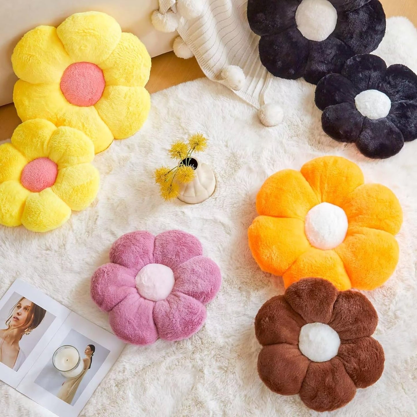 Black Flower Shaped Throw Pillow with Faux Rabbit Fur, 14.9" Soft Plush Throw Pillow for Bedroom & Living Room