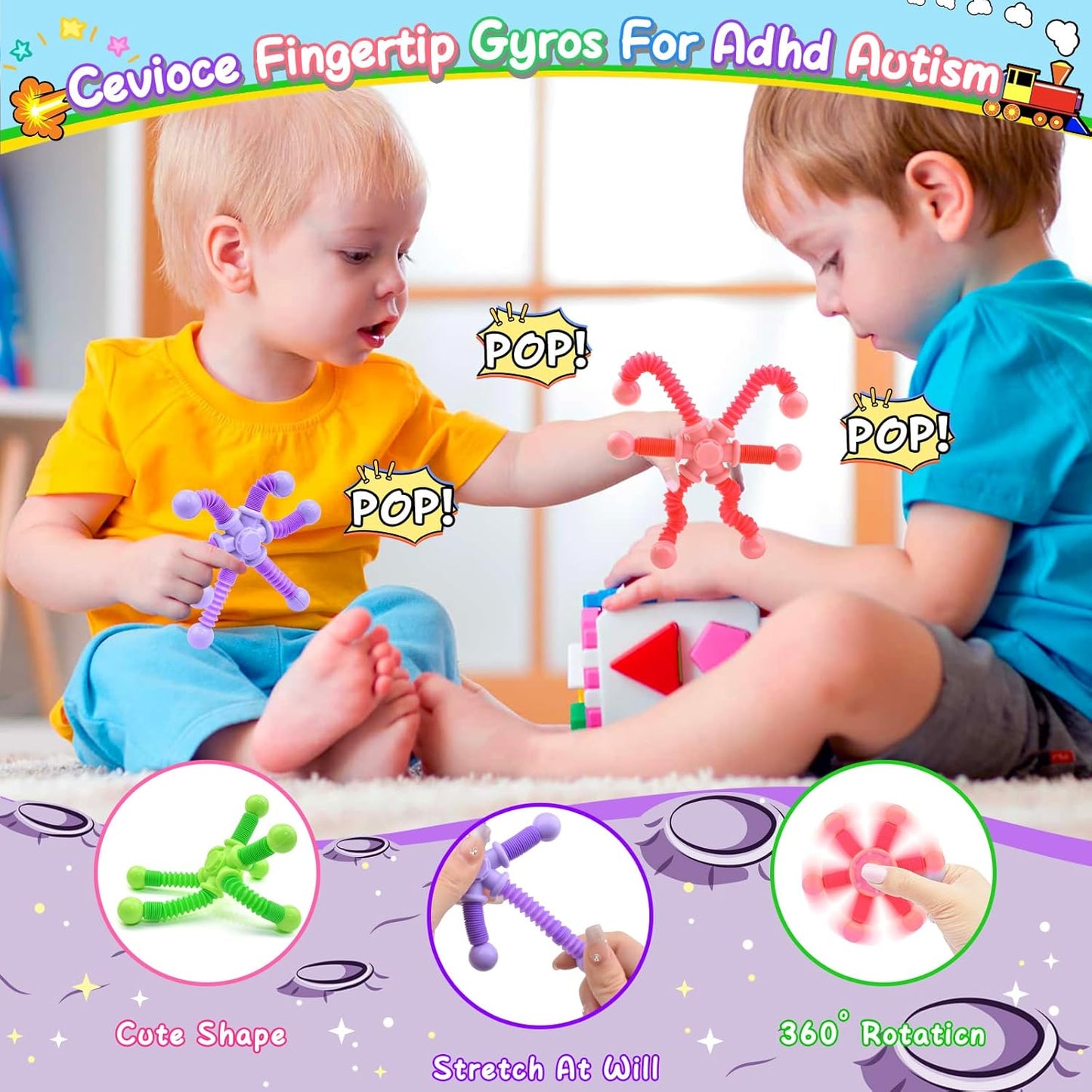 Cevioce Fidget Toys for Kids Adults, 3Pc Fidget Spinner Toys, Sensory Toys for Kids, Easter Basket Stuffers Presents, Pop Tubes Fidget Spinner - Top Stress & Anxiety Relief Sensory Toy(B)