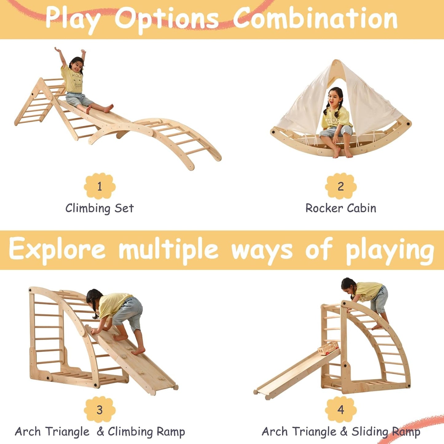 Climbing Toys for Toddlers Inside, Pikler Triangle Set with Rocker and Slide 8 in 1, Montessori Toys Toddler Climbing Toys Indoor, Baby Climbing Gym, Wooden Playground for Kids