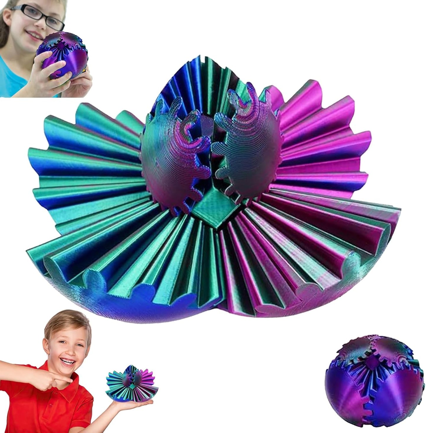 Gear Ball 3D Printed gear sphere fidget Rotating Ball Cube Gadgets, gear sphere ball for Work or Travel Stress Toys Gear fidget toys, Stress and Anxiety Relief Gear Toys(Blue violet green, 8CM/3.15in)