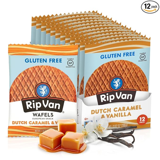 Rip Van Wafels Gluten-Free Stroopwafel - Dutch Caramel & Vanilla Stroopwafels Healthy Snacks Non-GMO Low Sugar (6g) Calorie, 12 Count