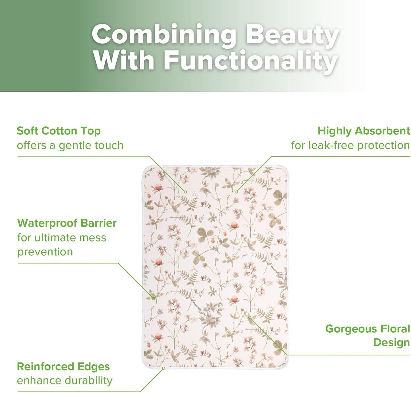 haakaa Waterproof Changing Pad Liners, 100% Cotton, Soft & Breathable (1pc, 19.5" x 27.5" Vintage Garden)