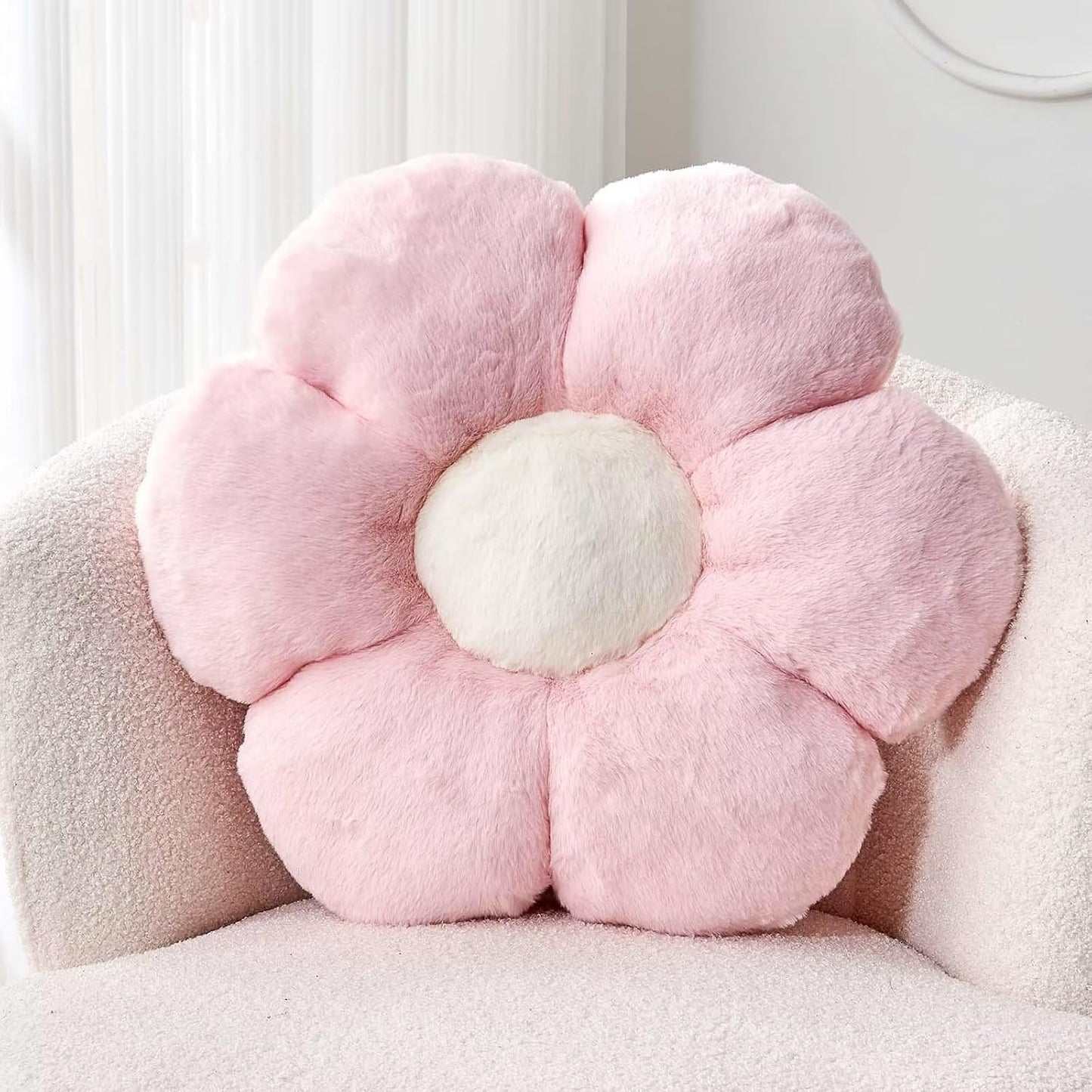 Pink Flower Pillow, Cute Decorative Flower Shaped Throw Pillow with Faux Rabbit Fur, 19.6" Soft Flower Plush Throw Pillow Floor Pillows Room Décor for Bedroom Living Room