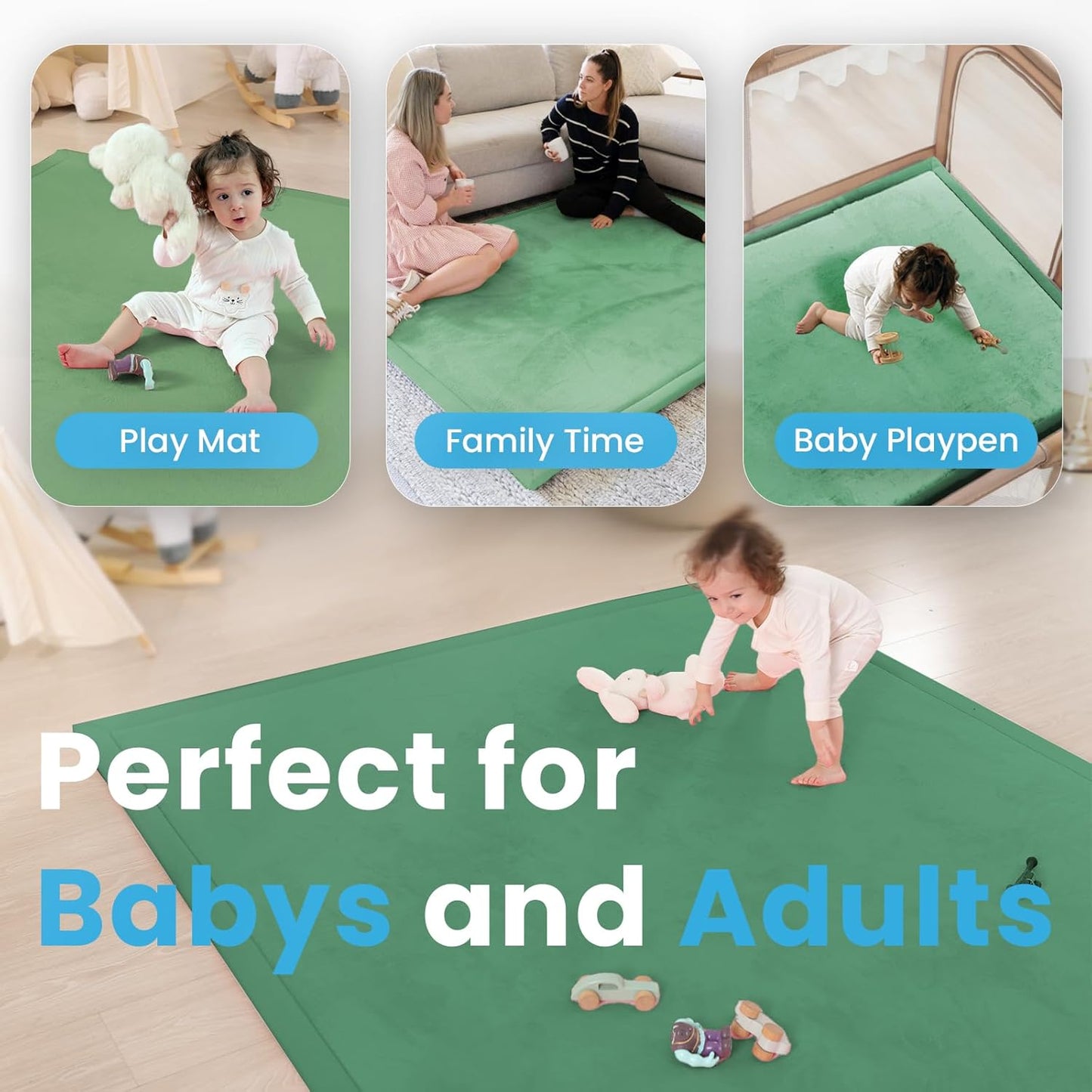 Baby Play Mat for Kids Room,Extra Thick Elasti-Foam Anti-Fall Cushion Mat for Babies,Toddlers,Infants,Water-Repellent&Non-Slip Bedroom Bedside Rugs(Emerald)
