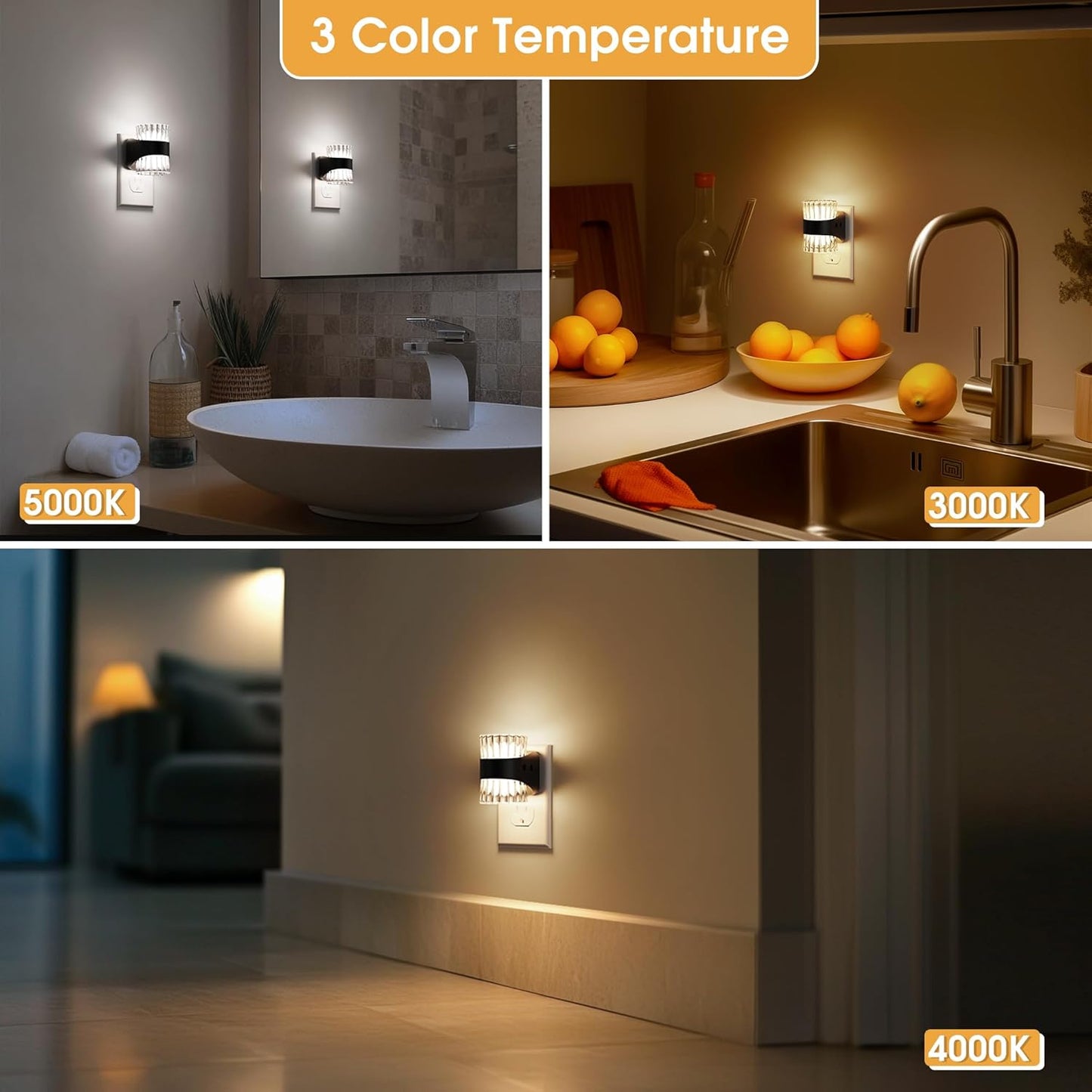 Night Light, Night Lights Plug into Wall, LED Clear Night Light for Kids, Adjustable Brightness NightLights with Dusk to Dawn Sensor for Bedroom Bathroom, 3000K/4000k/5000K, 2 Pack