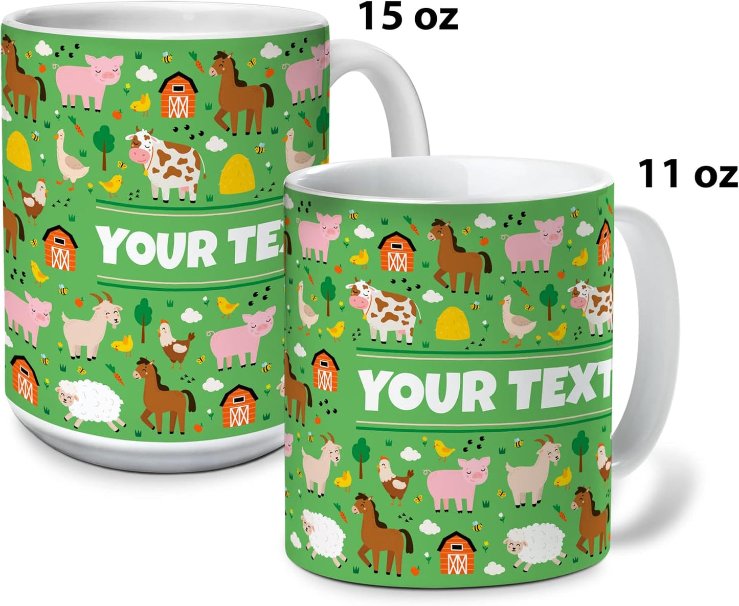 Personalized Mug for Kids - Farm Animals - Custom Name/Text, Ceramic Hot Chocolate/Cocoa/Coffee Cup for Boys/Girls, Birthday/Christmas/Holiday Gift - 11 oz, Pink Handle