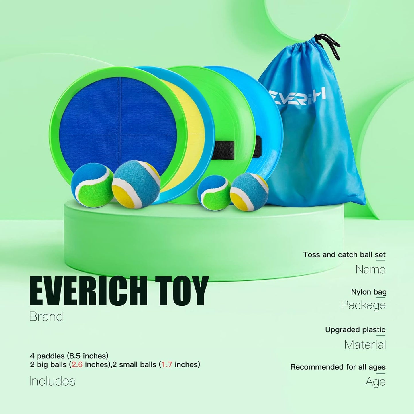 EVERICH Upgraded Toss and Catch Ball Game Set - Indoor and Outdoor Games for Kids 3-12, Beach Sand Pool Water Toy Includes 4 Paddles 4 Sticky Balls, Great Birthday Easter Gifts for Boys Girls