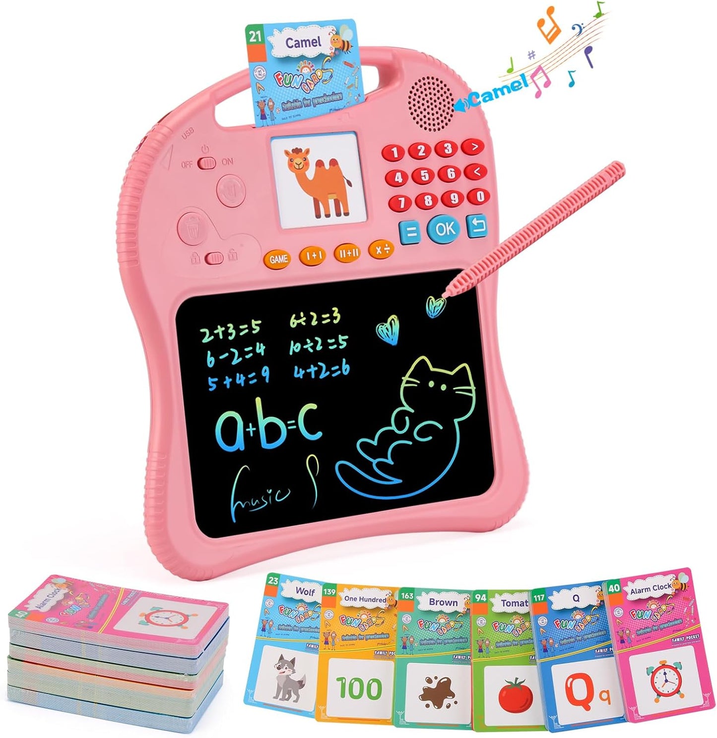 Kids Educational Learning Toys with Math Games,Talking Flash Cards and Writing Drawing Tablet, Speech Therapy Autism Sensory Toys Gifts for Toddler Preschool Activities Boys Girls Ages 3-10 (Pink)