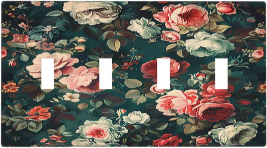 Light Switch Covers Baroque Vintage Peony Flower Floral Quad Toggle Electrical Faceplate 4 Gang Wall Plate Decorative Switch Plates for Bedroom Farmhouse Decor