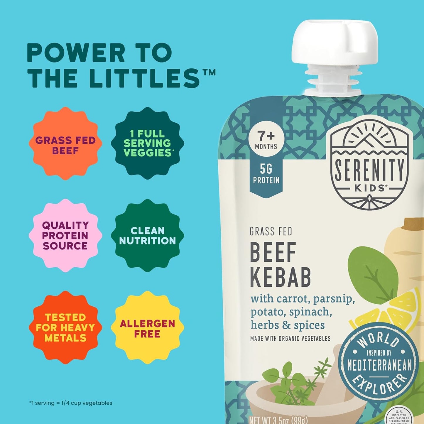 Serenity Kids 7+ Months World Explorers Baby Food Pouches Puree Made with Ethically Sourced Meats & Organic Veggies - 3.5 Ounce BPA-Free Pouch - Beef Kebab - 12 Count Meat Baby Food