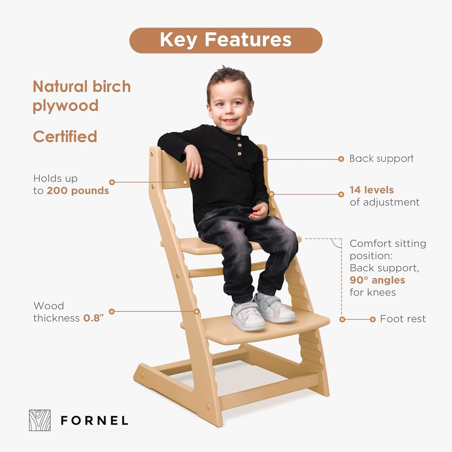 FORNEL Scandinavian Wooden High Chair | The Adjustable Grow-with-Me Chair, A Smart & Affordable Alternative to Stokke Tripp Trapp | Natural Wood Finish