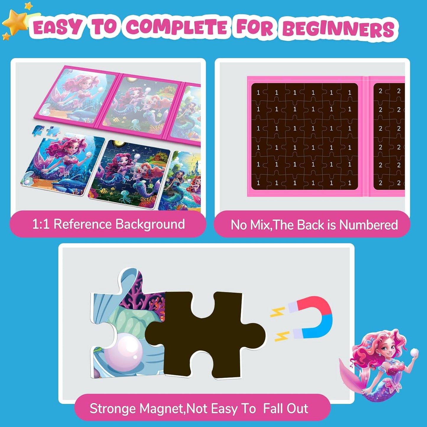 Magnetic Jigsaw Puzzles for Toddlers Kids 3-8 Girls,(3 36-Pieces) Travel Puzzles Toys for Kids Ages 4-6,Take-Along Car Airplane Road Trip Activities Game for 3 4 5 6 7 8 Year Old Birthday Gift,Mermaid