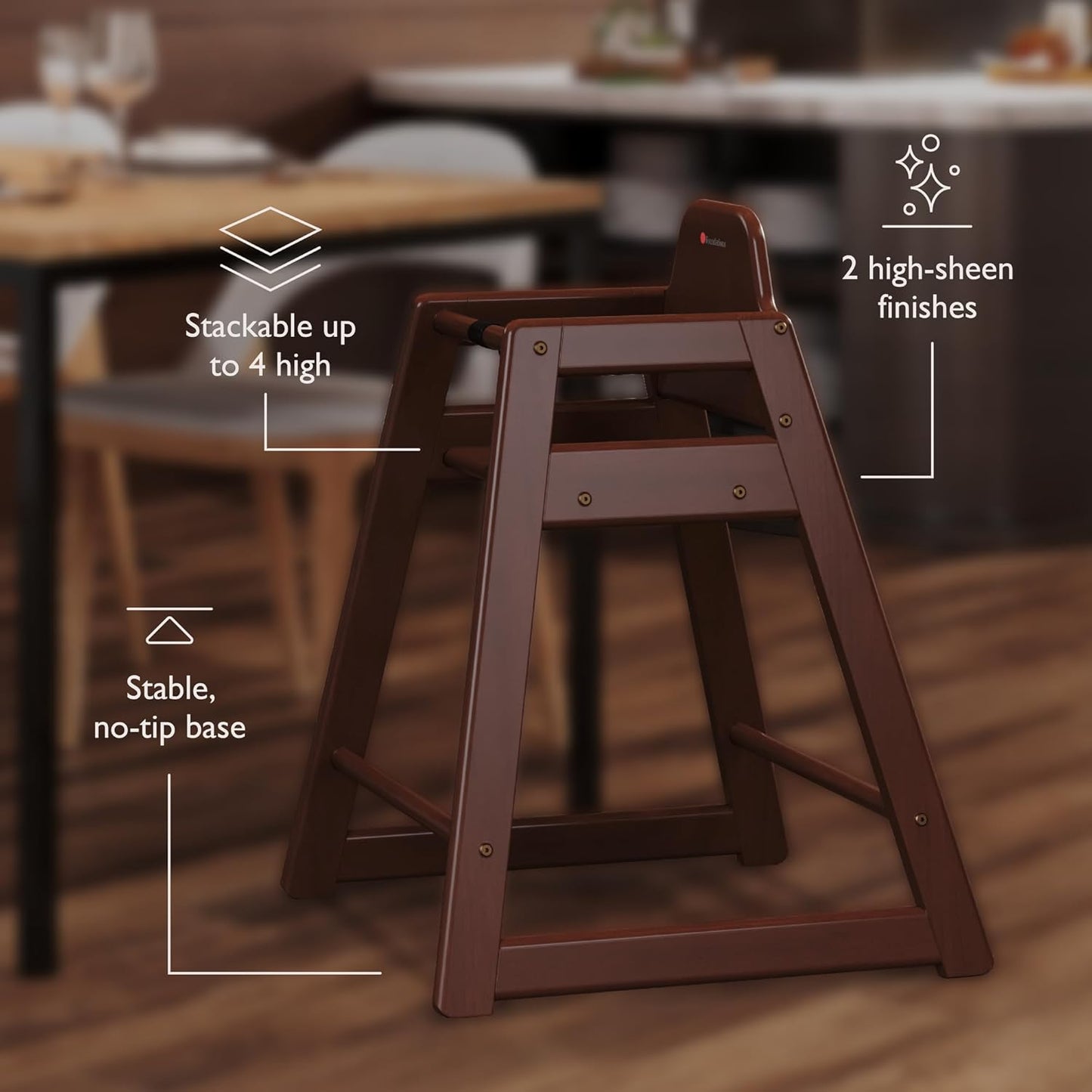 Foundations Neat Seat Wood Highchair for Restaurants, Easy to Clean, “No-tip” Feet, 3-point Safety Harness, Durable Hardwood, Small Footprint, Stackable (Antique Cherry)