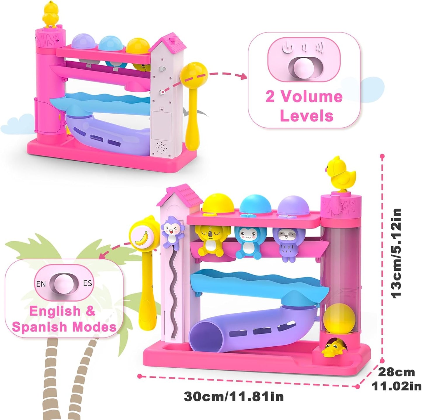 Toddler Musical Toys for 1+ Years Old Girls,Fine Motor Skills Developmental Baby Toy 12-18-24+ Months,Bilingual Toddler Learning Ball Drop Toy,Infant Birthday Gifts Toys for 1 2 Year Old Girl(Pink)