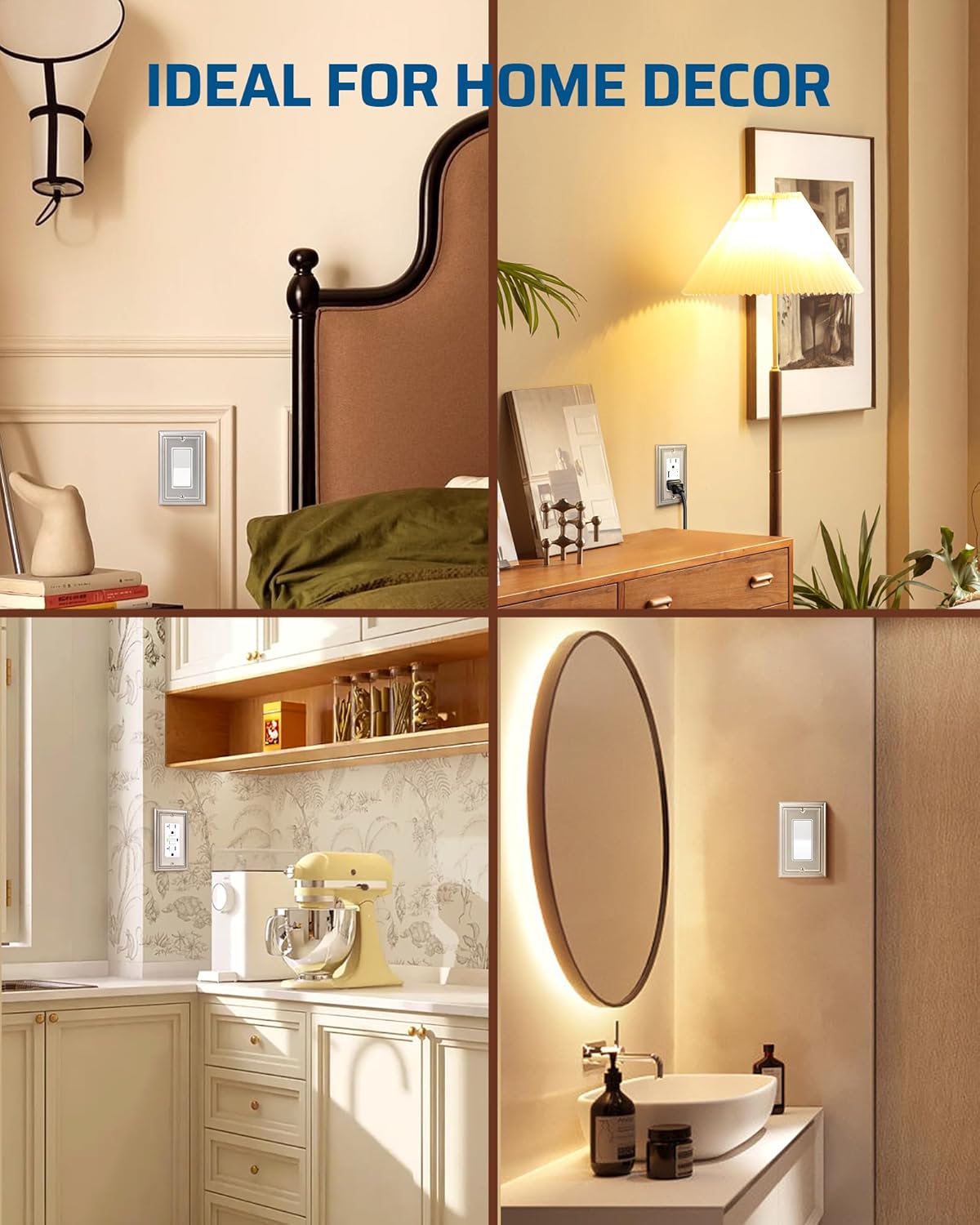 DEWENWILS 4-Pack Metal Wall Outlet Cover, Decorator Wall Plates for Receptacle, GFCI Outlet, Dimmer Switch, Brushed Nickel