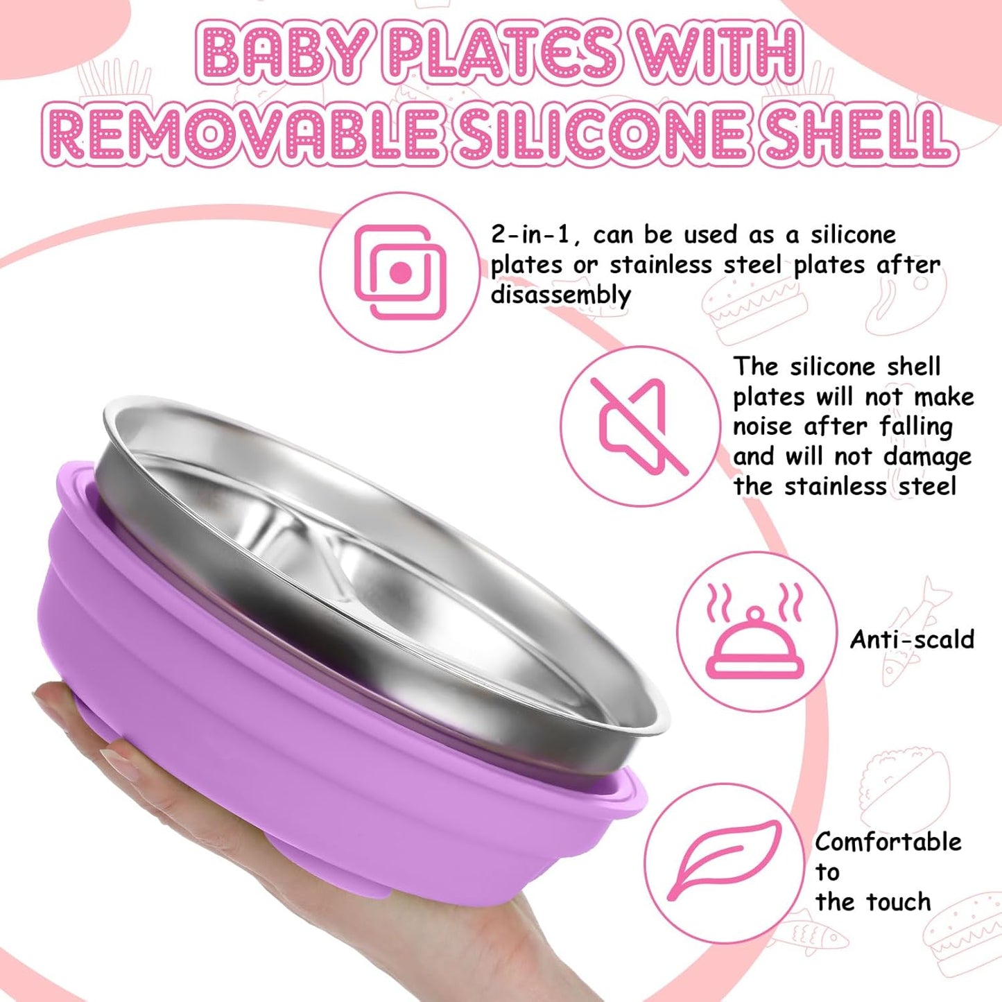 Nuogo 3 Pcs Stainless Steel Baby Suction Plates with Removable Silicone Shell 2-in-1 Metal Toddler Bowl Divided for Picky Eaters Kid Feeding Led Weaning Supply, Dishwasher Safe (Red Series)
