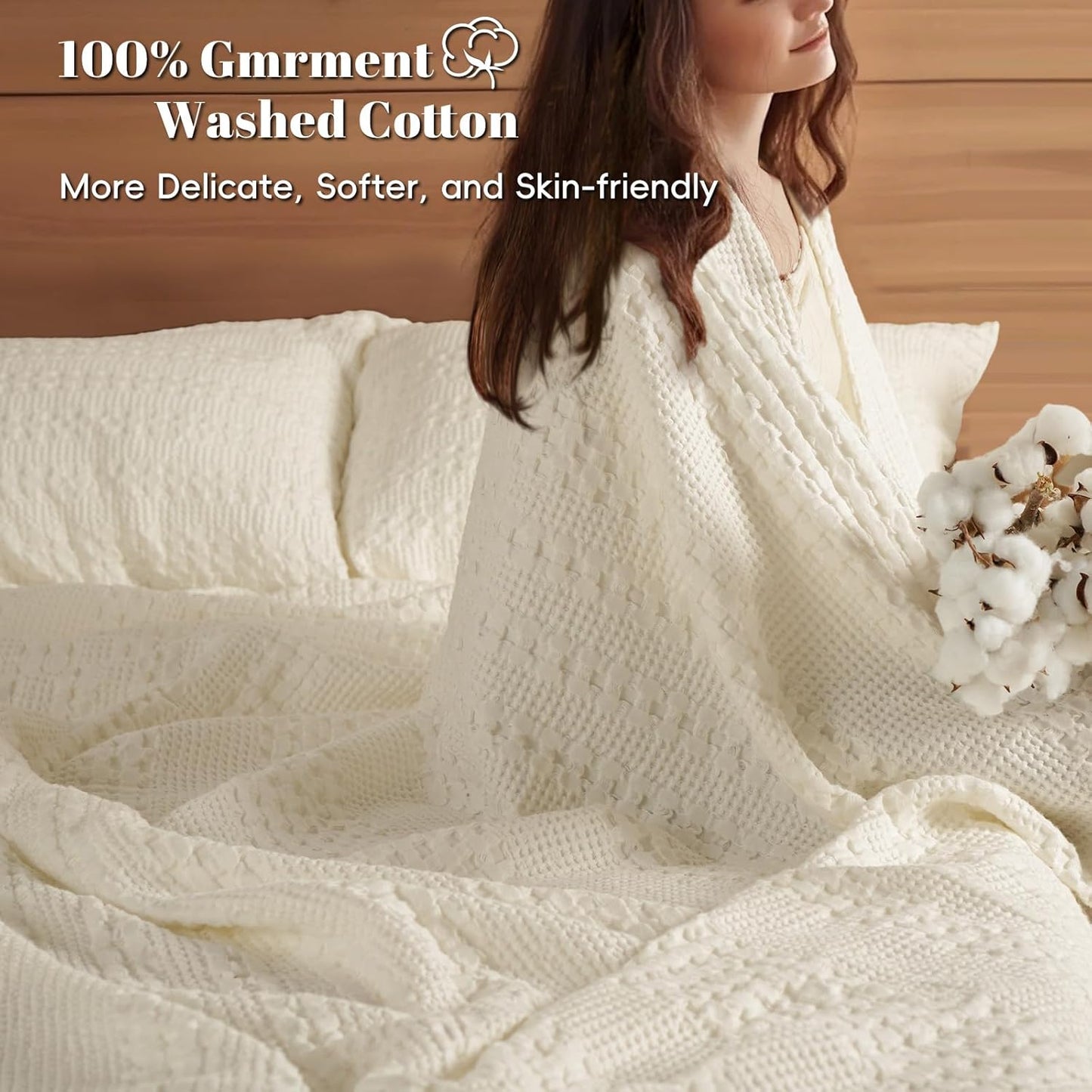 PHF 100% Cotton Waffle Weave Blanket Queen Size, Soft Lightweight Breathable Cozy Summer Blankets for Bed, Luxury Aesthetic Woven Bedding for Home Decor, 90"x90", Cannoli Cream