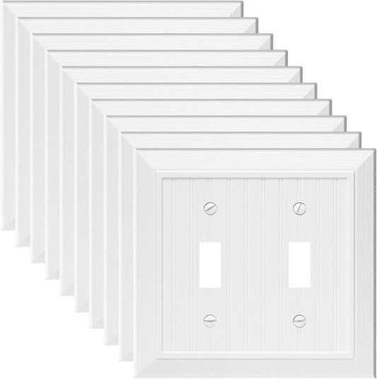 Modern Decorative Wall Plate Switch Plate Outlet Cover, Vintage Retro Wood Grain Design(Double Duplex-10 Pack, White)