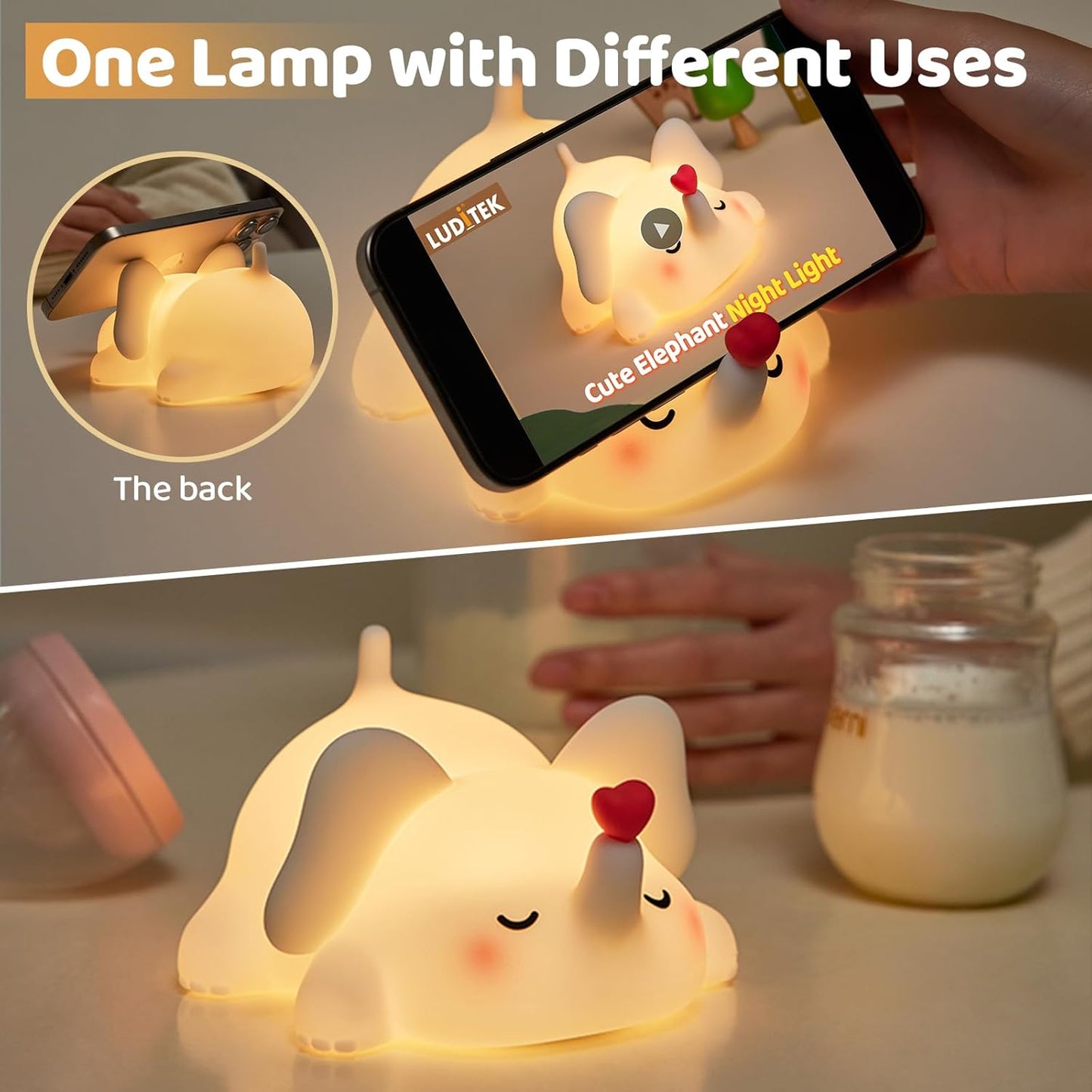 Luditek Sweet Heart Elephant Night Light, 3 Levels Brightness Silicone Rechargeable Touch Nursery Lamp, Decor for Bedroom Home Bedside, Elephant Gifts for Women Kids Baby Girls Birthday Mothers Day